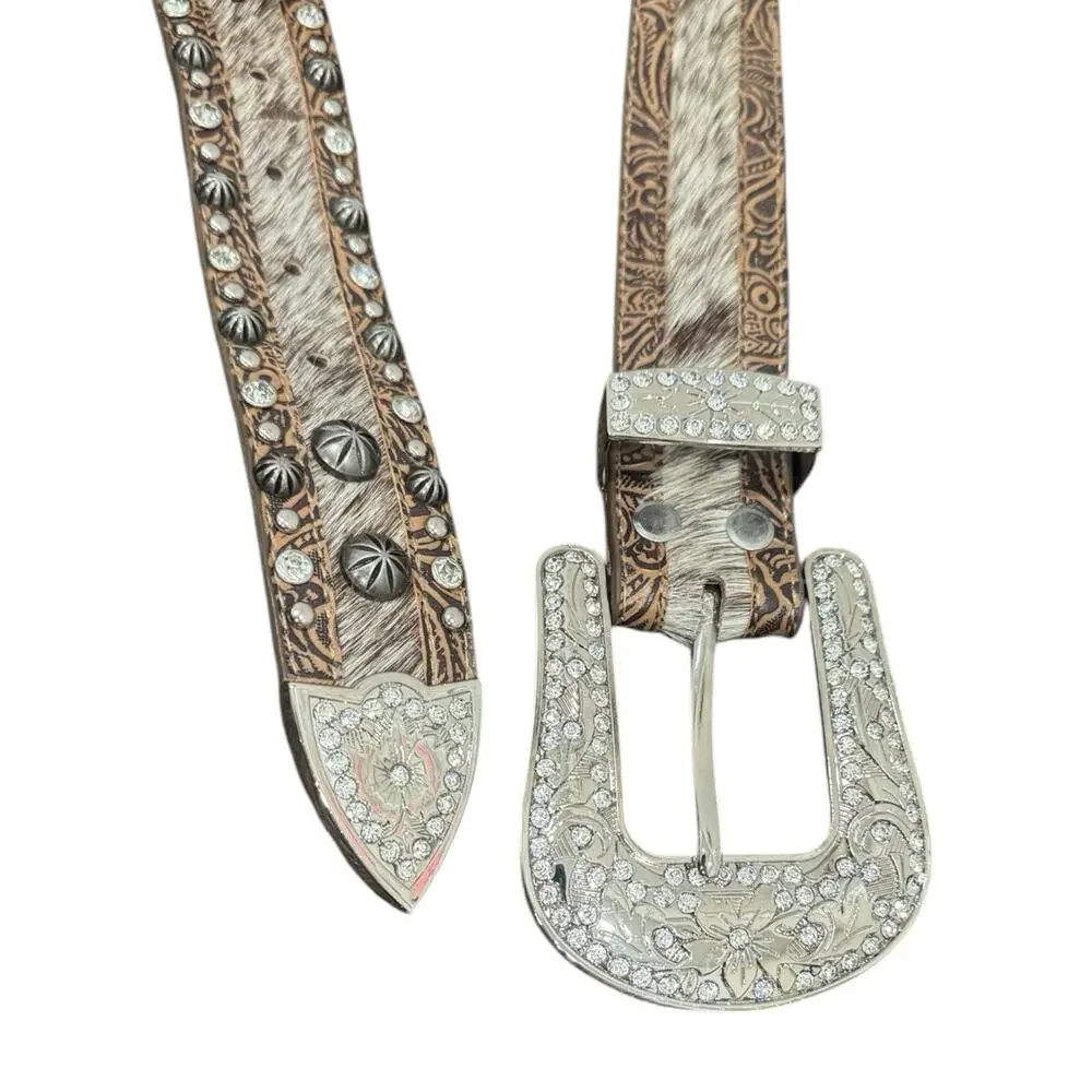 Angel Ranch Blue Roan Hair On Hide Studded Western Belt Rhinestone Buckle